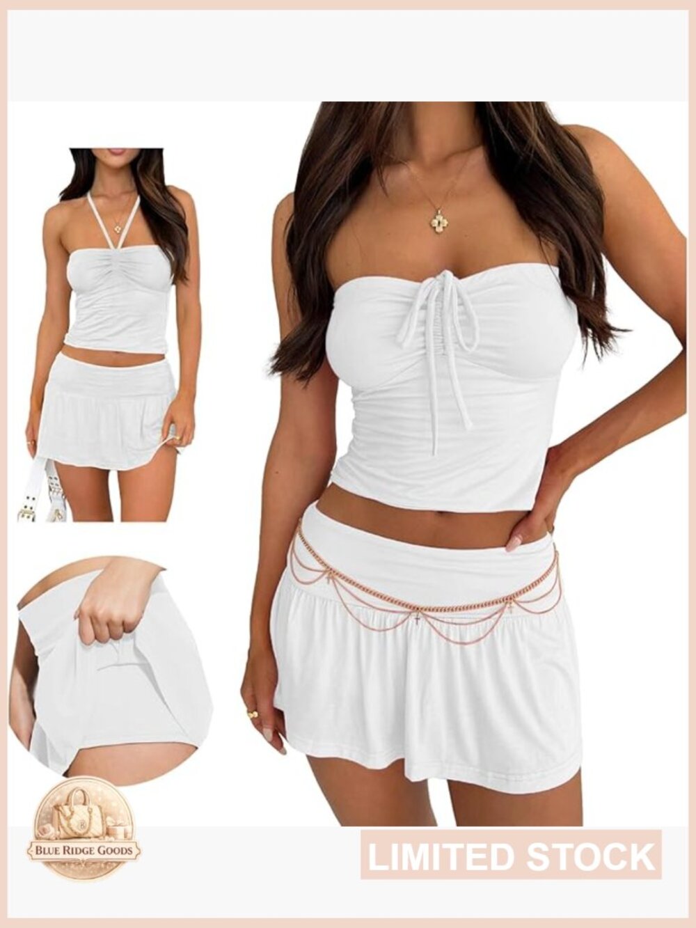 Y2K Two Piece Skirt Set Tie Ruched Tube Crop Top Low Rise Pleated Mini Skort - Picture 1 of 6
